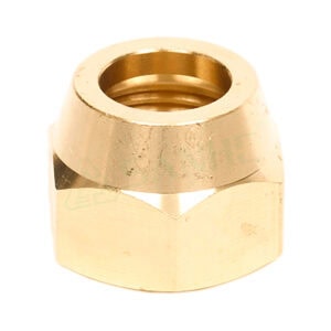 Close-up of a brass nut fitting used in plumbing and HVAC systems, showcasing its threaded interior and metallic finish.
